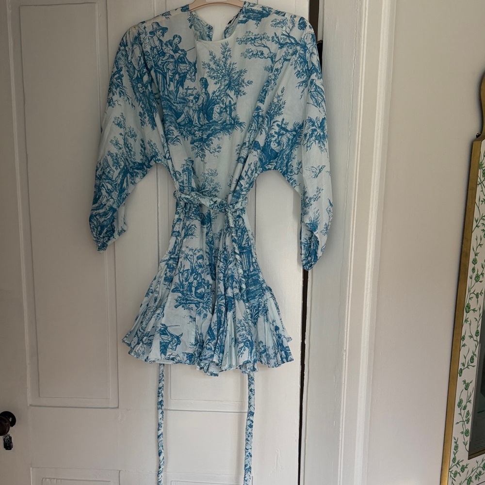 Rhode Ella Blue Toile Print Tie-Waist Mini Dress small